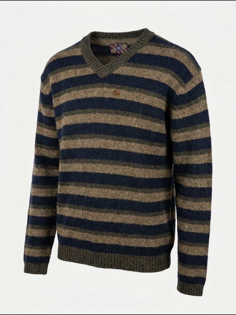 Striped V-Neck Sweater in Navy and Olive by